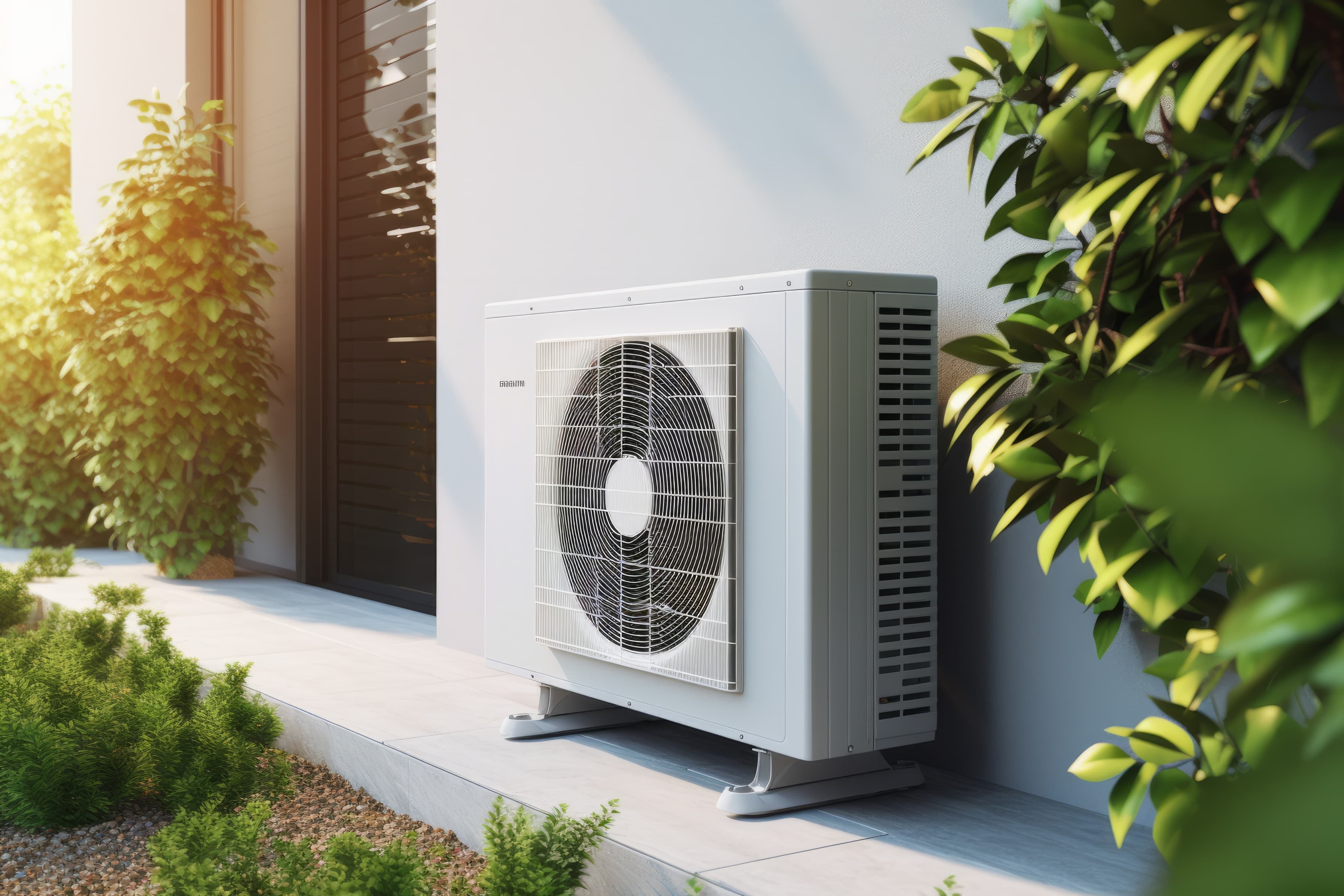 Moderne Luft-Wärmepumpe als Außengerät an der Hauswand für energieeffizientes Heizen