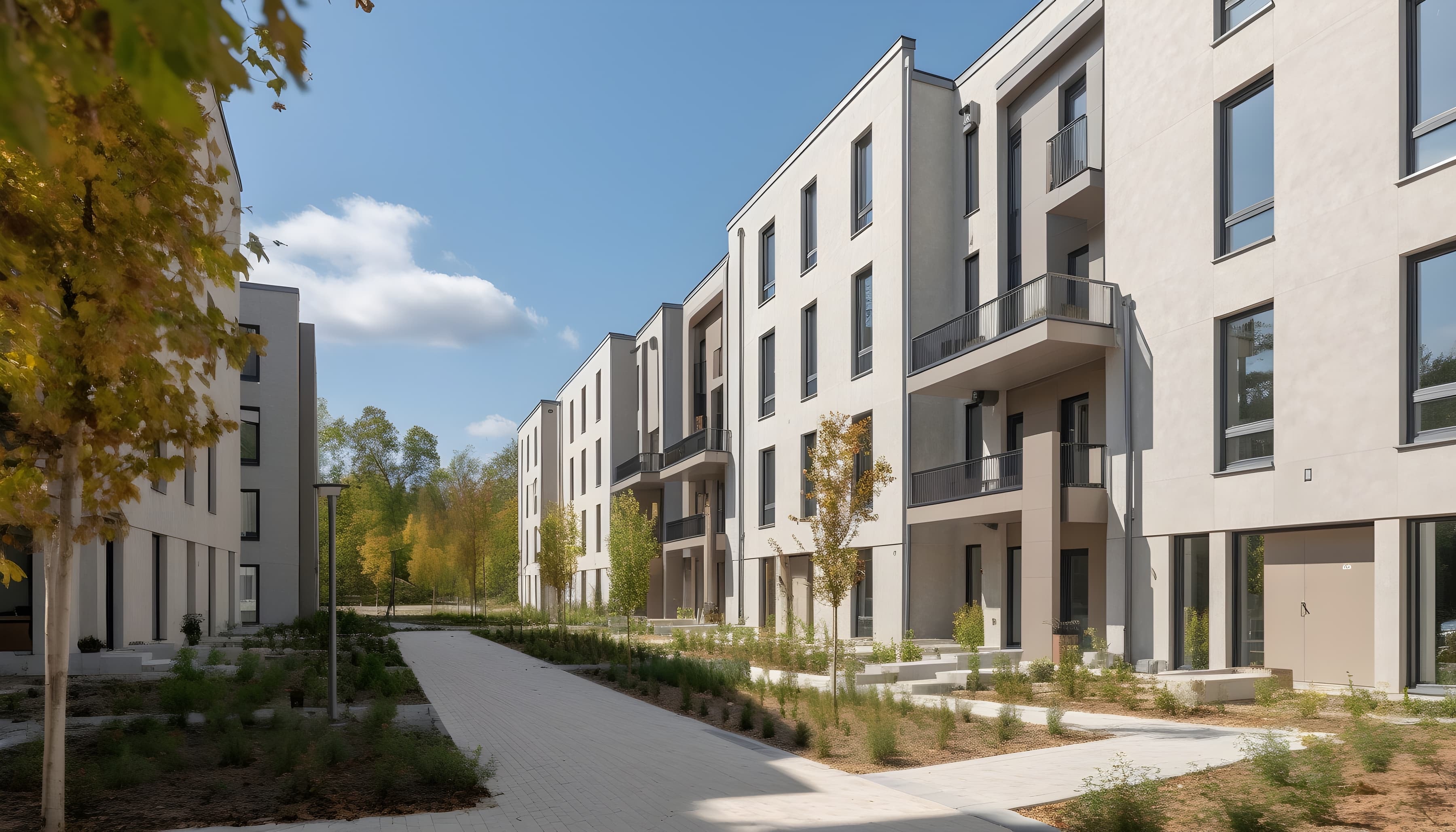 Modernes Wohnquartier mit hellen Mehrfamilienhäusern und begrünten Außenanlagen bei Sonnenschein